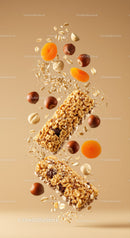 Crunchy cereal bars with nuts and dried apricots flying