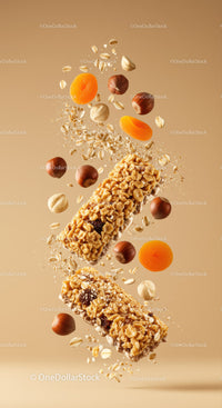 Crunchy cereal bars with nuts and dried apricots flying