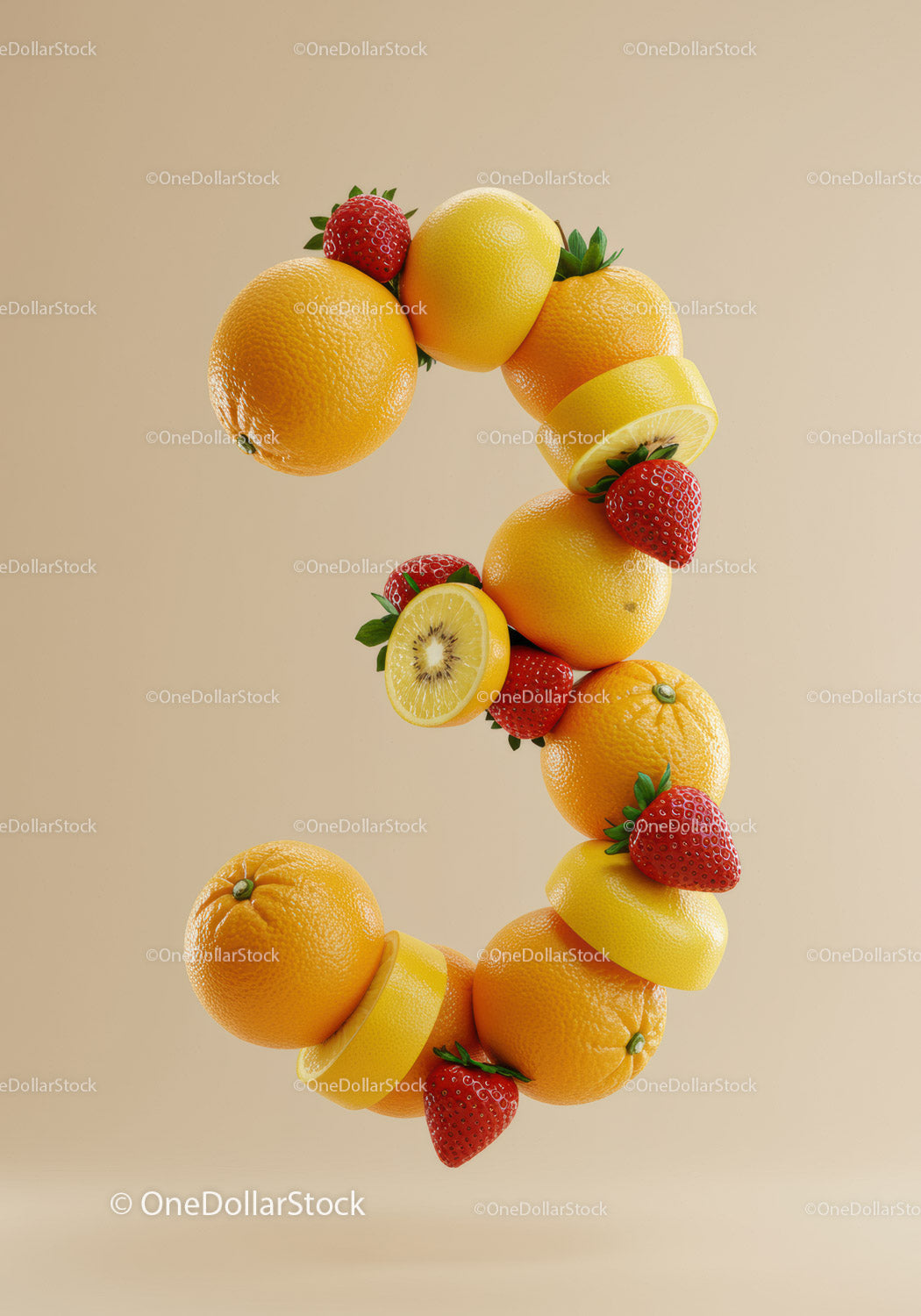 Number Three Composed of Fresh Citrus and Strawberries
