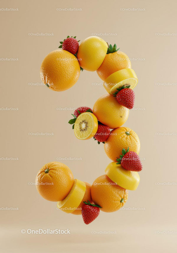 Number Three Composed of Fresh Citrus and Strawberries