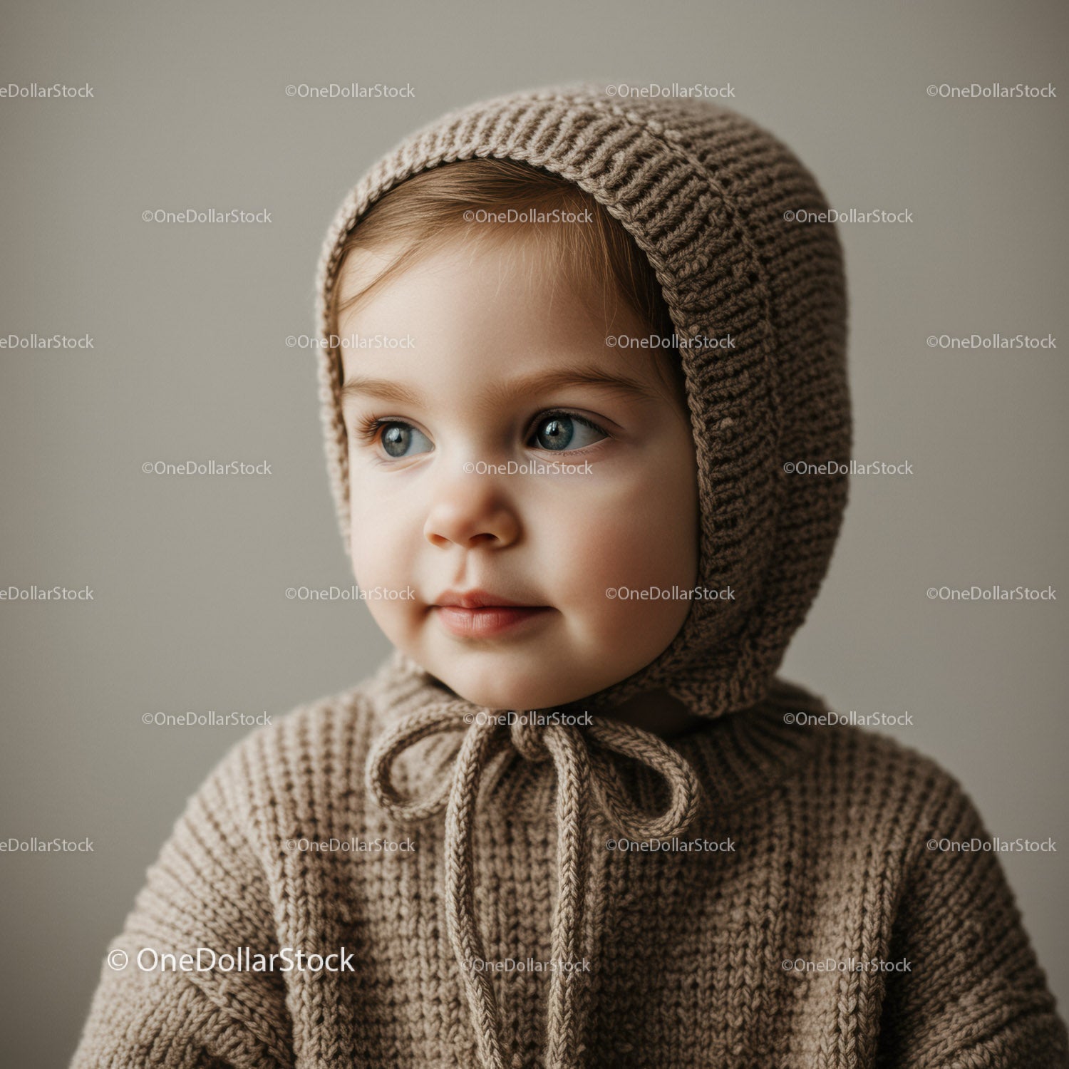 Toddler in Soft Knit Bonnet Looking Away
