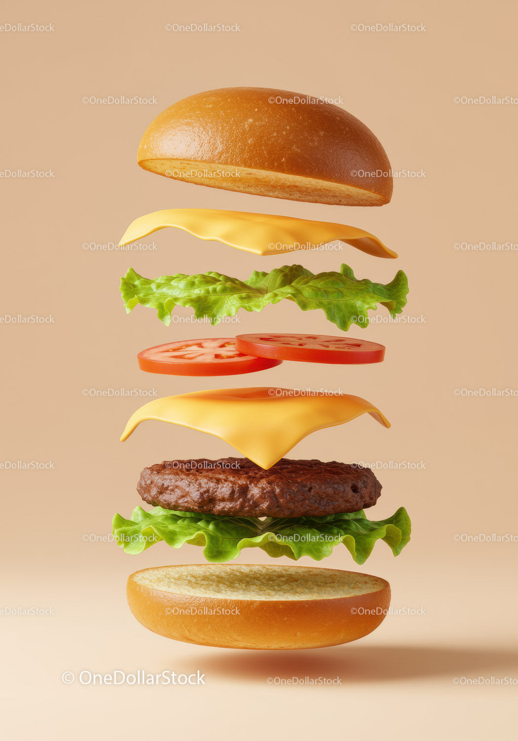 Pływające składniki klasycznego cheeseburgera na beżowym tle