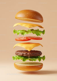 Floating Classic Cheeseburger Ingredients on Beige Background