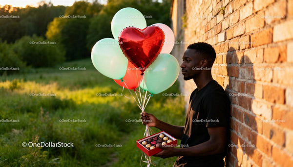Mężczyzna trzymający sercowy balon i czekoladki na zewnątrz