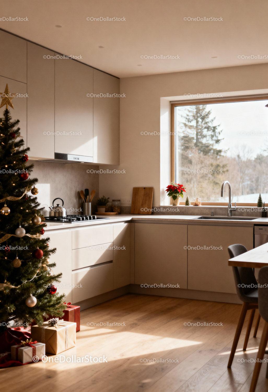 Cozy kitchen with Christmas tree and natural light