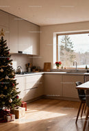 Cozy kitchen with Christmas tree and natural light