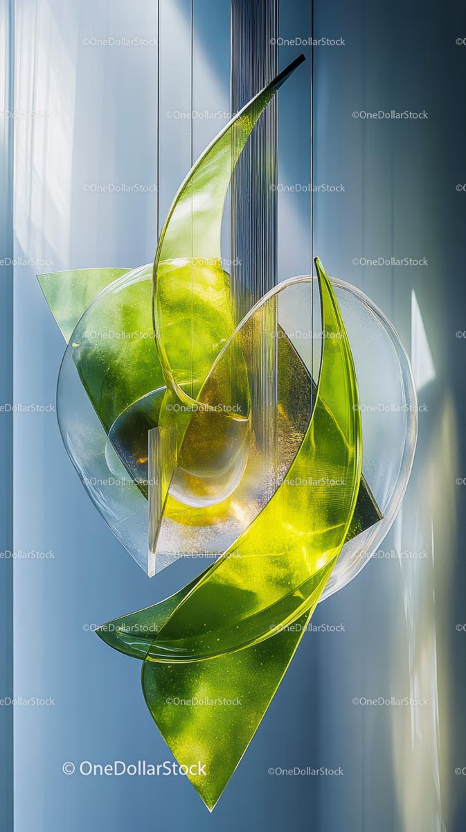 Abstract Green and Silver Glass Sculpture in Modern Interior