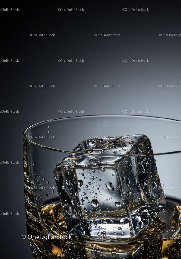 Close up of whiskey glass with melting ice cubes
