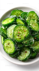 Fresh Cucumber Slices with Seasoning in White Bowl