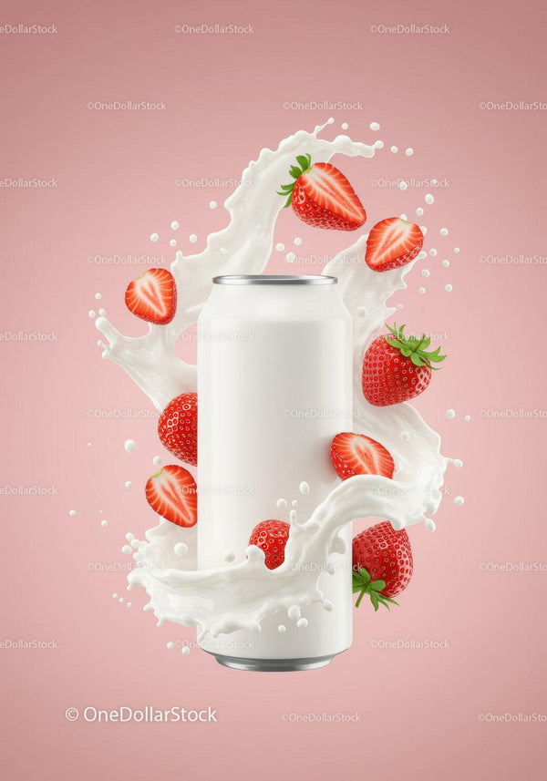 Refreshing strawberry milk splash around can on pink JPG Mockup Image