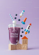 Blueberry Smoothie with Playful Rocket Toys and Blocks