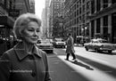 Black and White City Street Scene with Elderly Woman Crossing