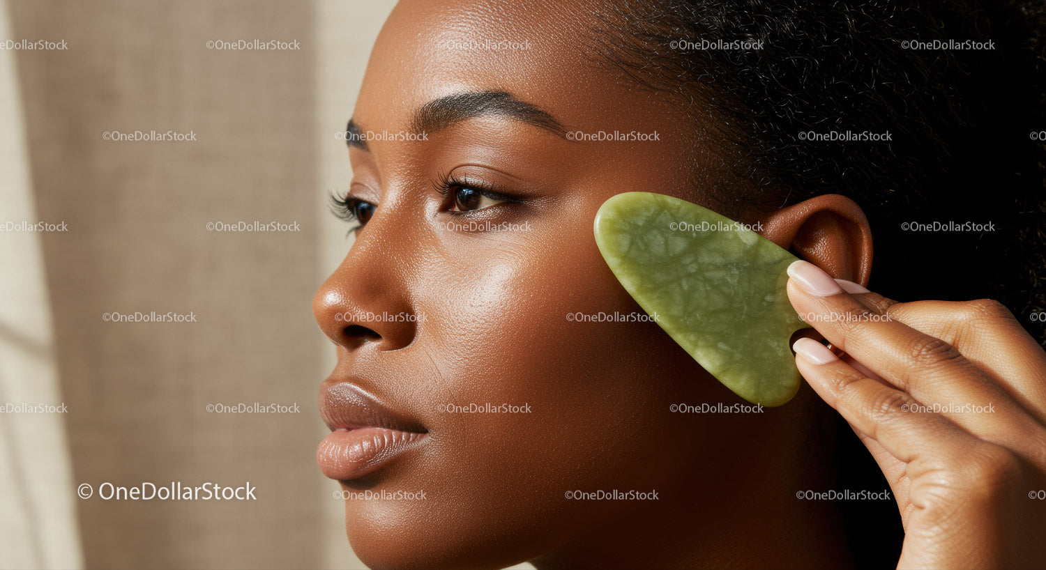 Elegant Woman Using Jade Gua Sha for Face Skin Rejuvenation