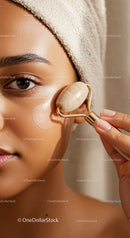 Woman Using Jade Facial Roller for Skin Rejuvenation