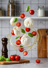 Fresh burrata cheese with cherry tomatoes and basil splash