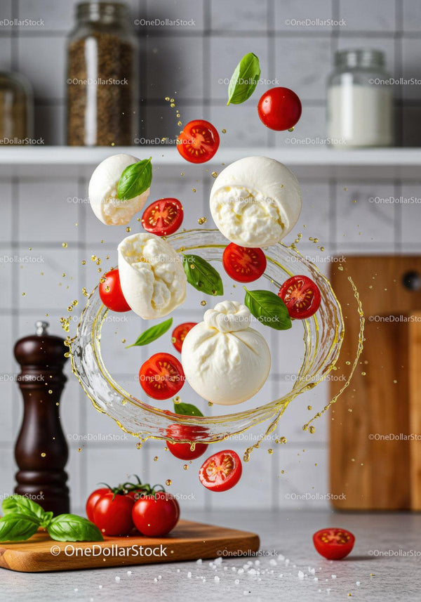 Fresh burrata cheese with cherry tomatoes and basil splash
