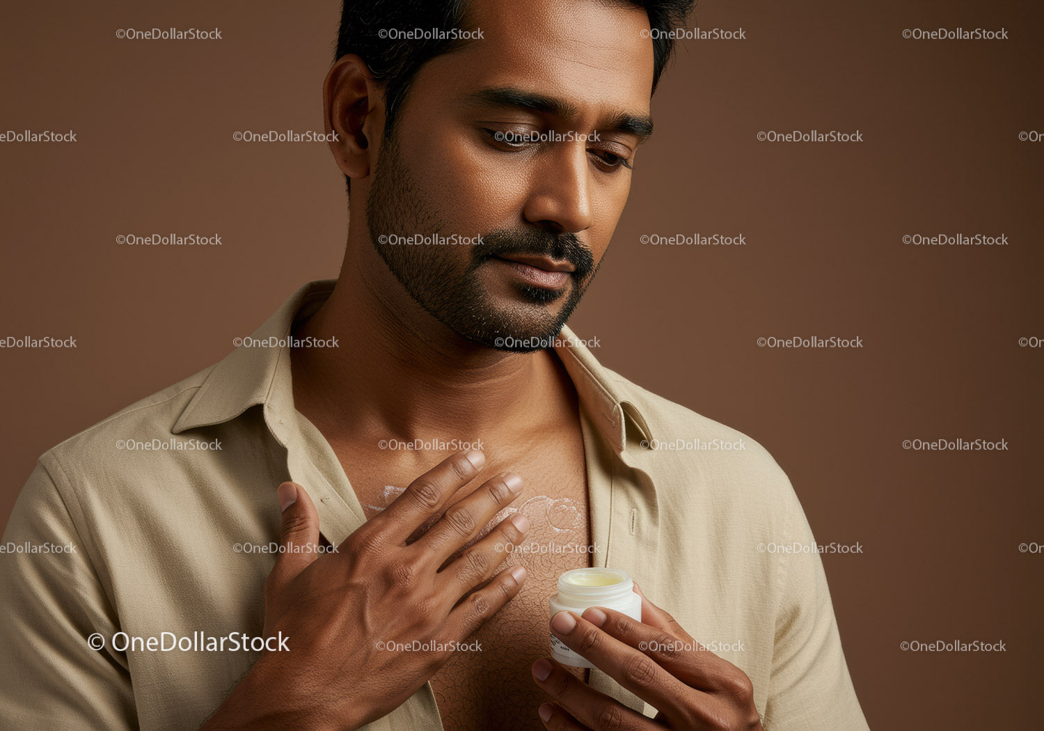Man Applying Moisturizer Cream to Chest for Skincare Routine