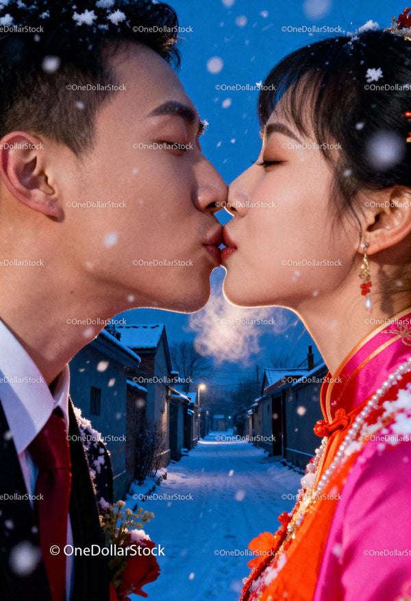 Couple Sharing a Tender Kiss on a Snowy Winter Evening