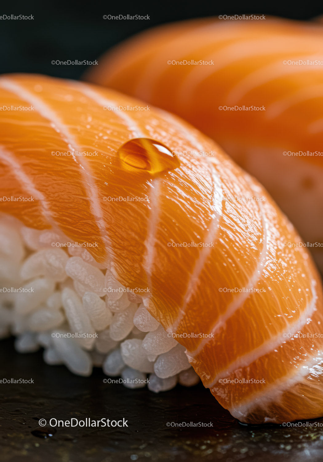 Fresh Salmon Nigiri Sushi with Rice Closeup Detail