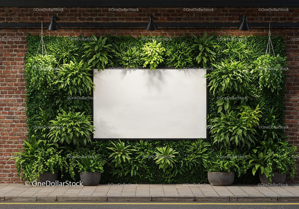 Urban green wall with blank billboard on brick facade JPG Mockup Image