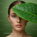 Close-up of a Woman with a Green Leaf Covering One Eye and Water Droplets