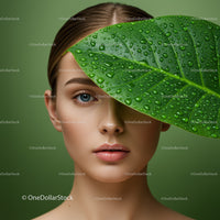 Close-up of a Woman with a Green Leaf Covering One Eye and Water Droplets