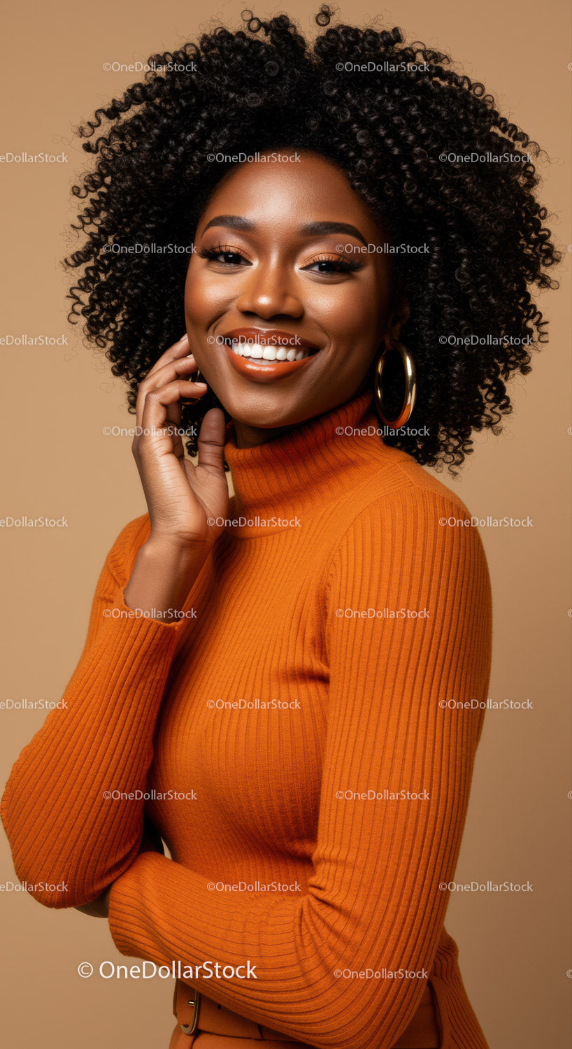 Vibrant Portrait of a Smiling Black Woman in Orange Turtleneck