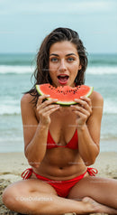 Young Woman Enjoying Watermelon at the Beach in Red Bikini