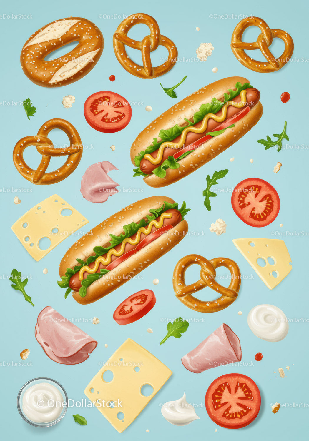 Świeże hot dogi z preclami i dodatkami na niebiesko
