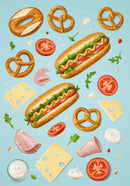 Fresh hot dogs with pretzels and ingredients on blue