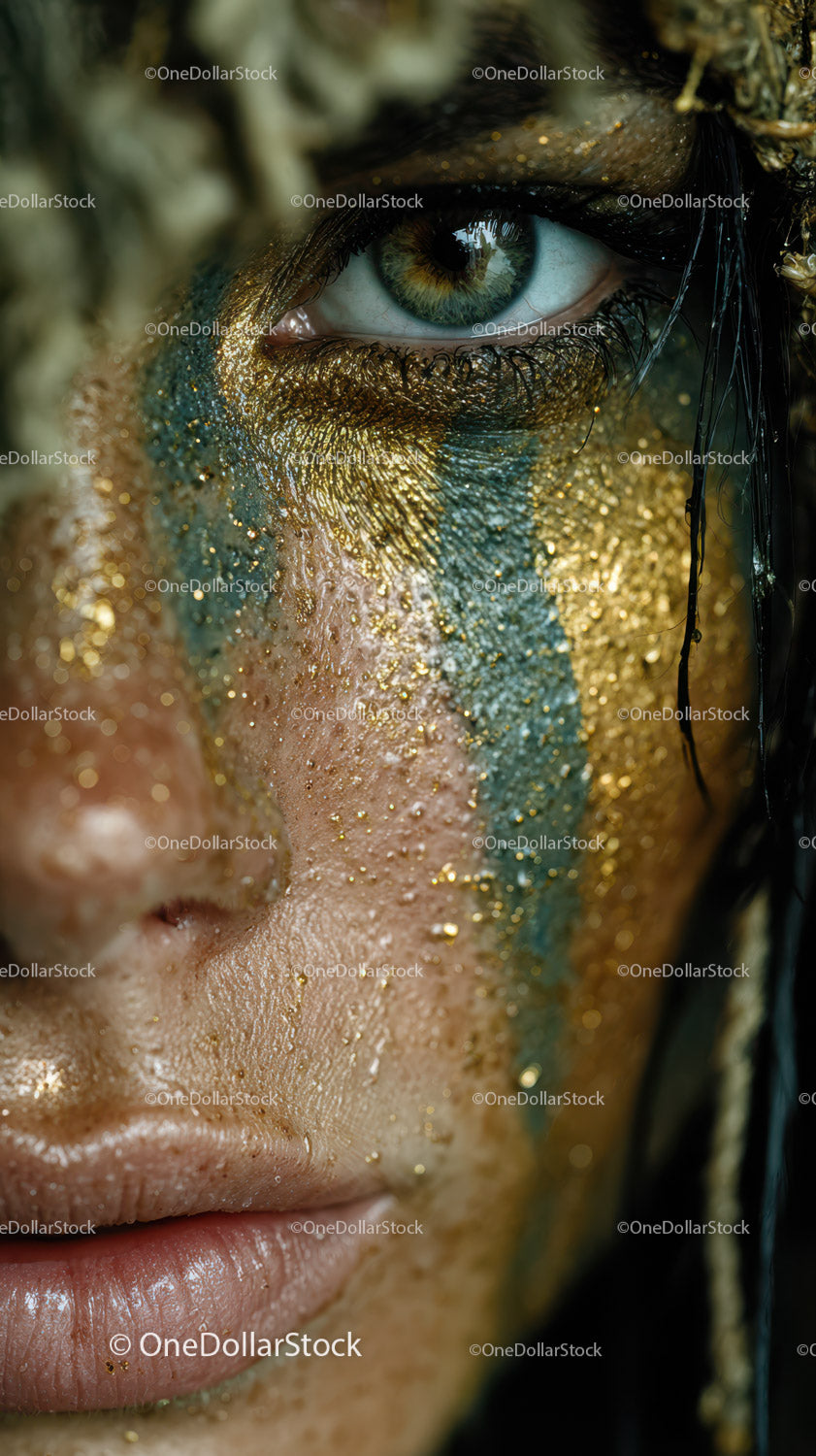 Close-up of Vibrant Artistic Makeup with Glitter and Water Droplets