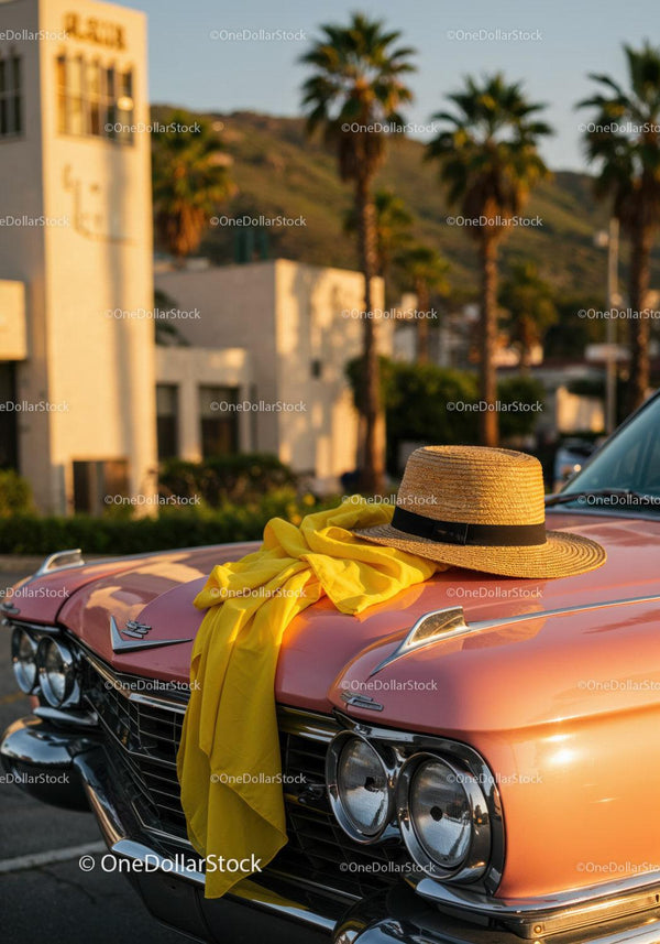 Vintage Pink Car with Straw Hat and Yellow Scarf in Sunset Light