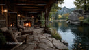 Rustic Riverside Cabin with Stone Fireplace Surrounded by Autumn Foliage