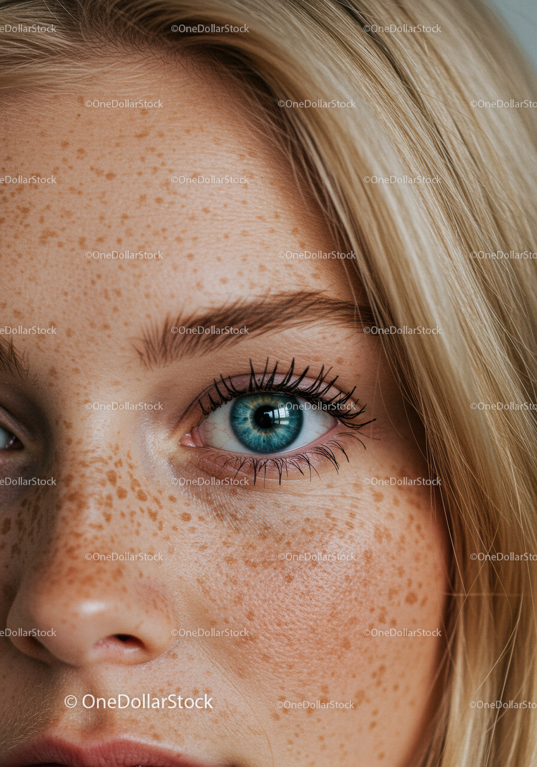 Close-up of blue eye with natural freckles and blonde hair