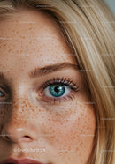 Close-up of blue eye with natural freckles and blonde hair