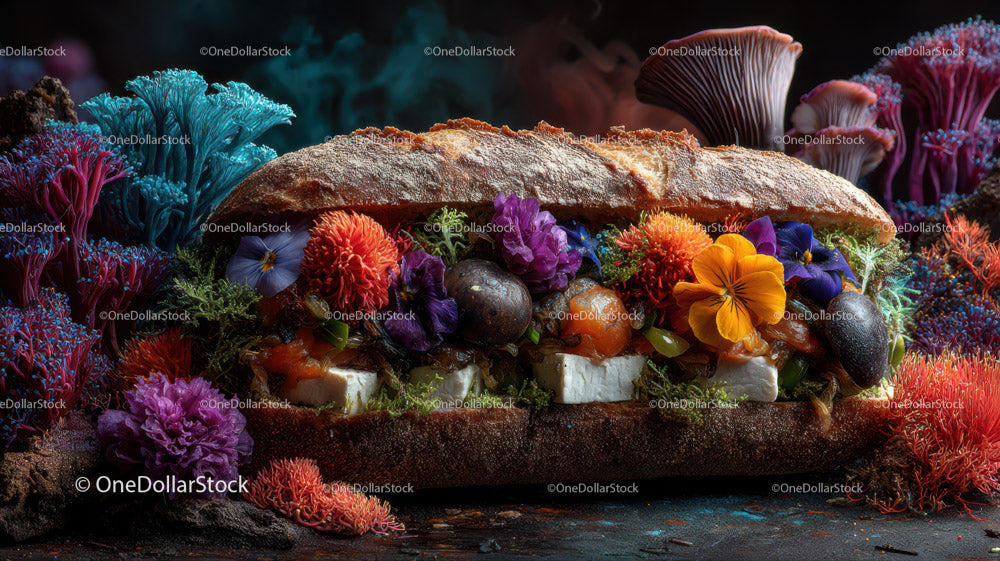 Colorful Edible Flower Gourmet Sandwich with Fresh Vegetables