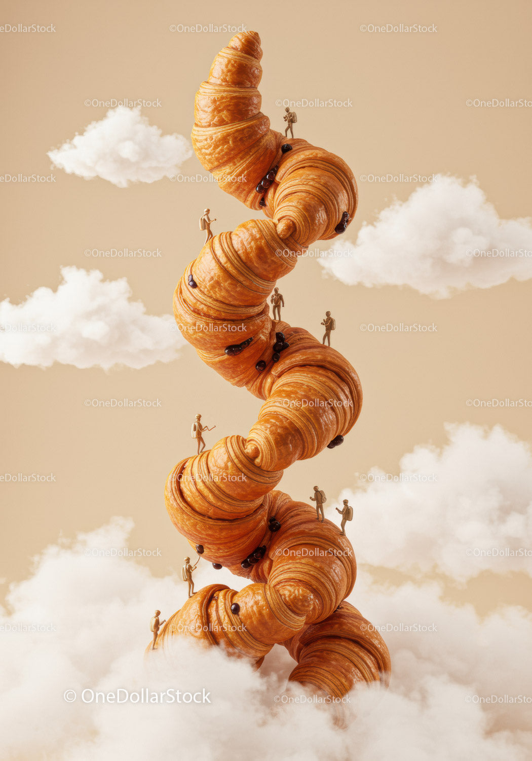Surreal Journey on Towering Croissant Spiral with Miniature Figures