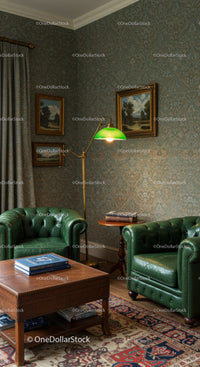 Classic green leather armchairs in vintage reading nook