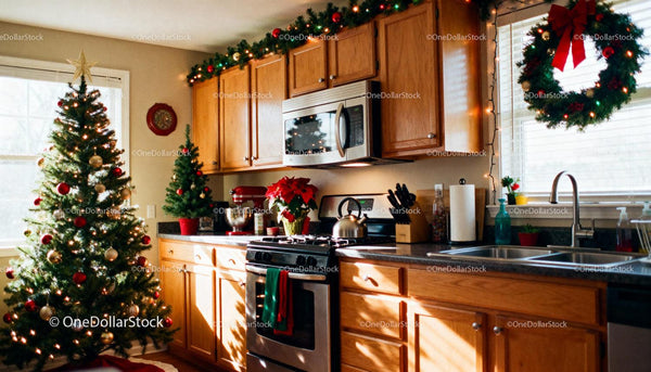 Cozy kitchen decorated with festive Christmas accents