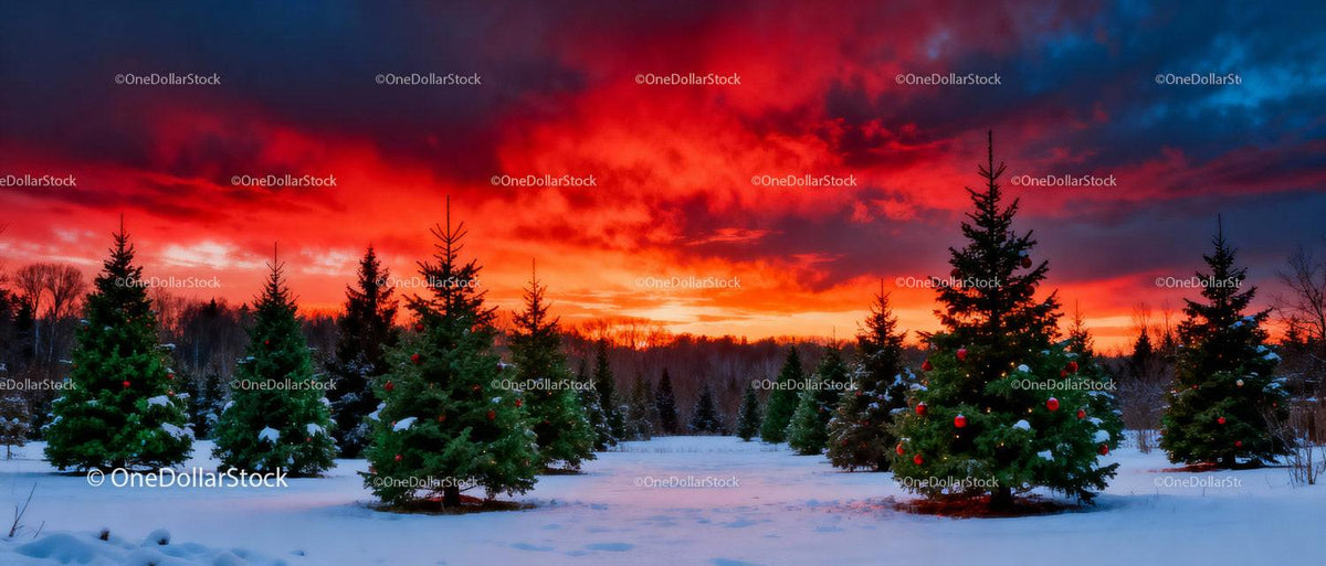Snowy Christmas Tree Farm at Vibrant Sunset