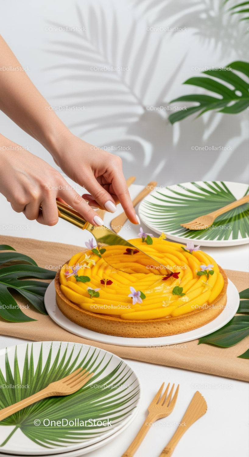 Pyszne ciasto owocowe z mango, jadalnymi kwiatami i tropikalnymi dekoracjami