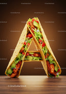 Tasty chicken tacos arranged in letter A shape