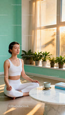 Young woman meditating peacefully near sunlit window