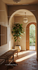 Cozy Mediterranean entryway with natural light and greenery