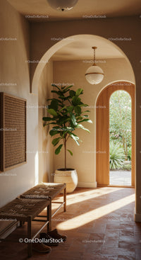 Cozy Mediterranean entryway with natural light and greenery