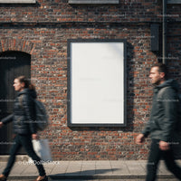 Blank poster on brick wall with pedestrians passing by