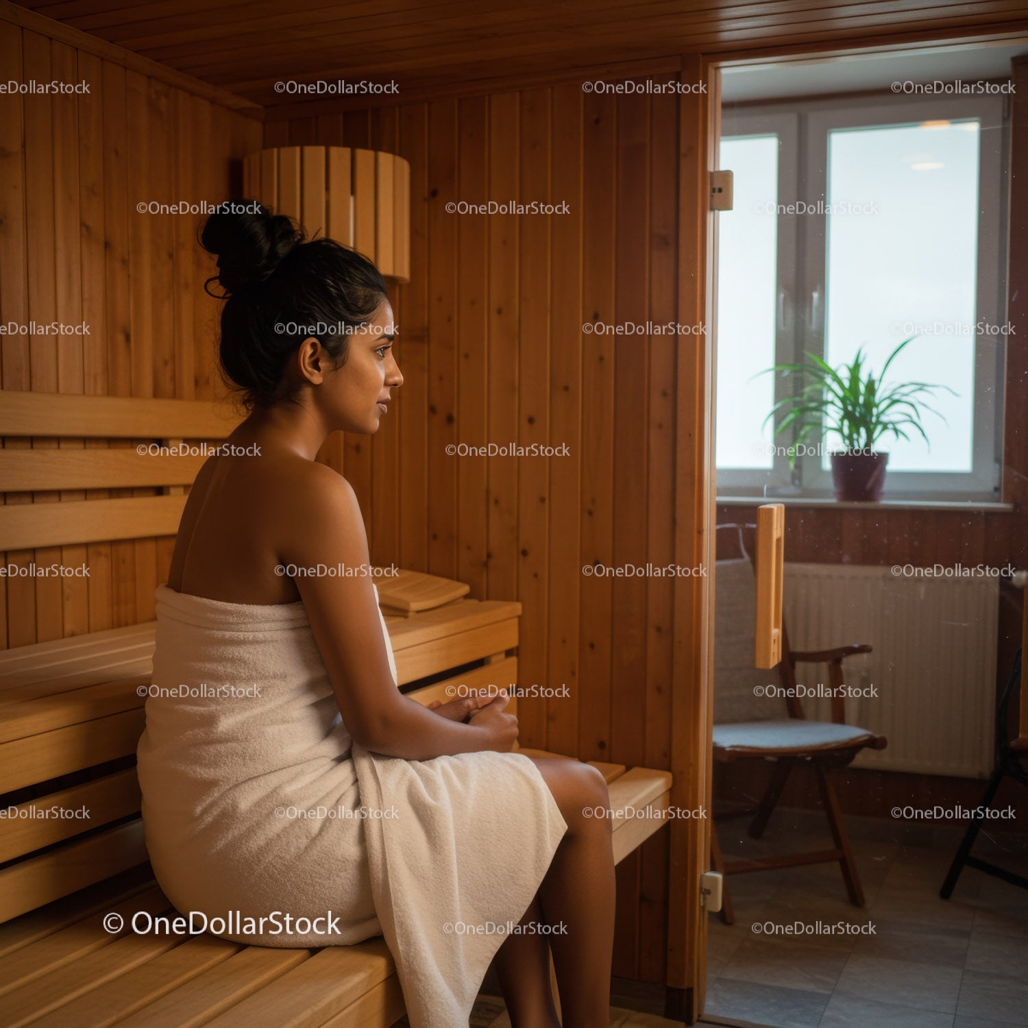 Woman Relaxing in Sauna with Wooden Interior and Natural Light