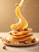 Stack of fluffy pancakes with flowing syrup and nuts