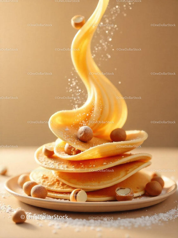 Stack of fluffy pancakes with flowing syrup and nuts
