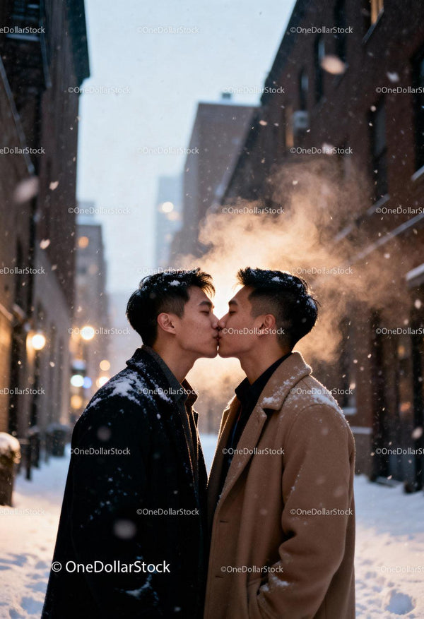 Couple sharing a tender kiss in snowy urban street